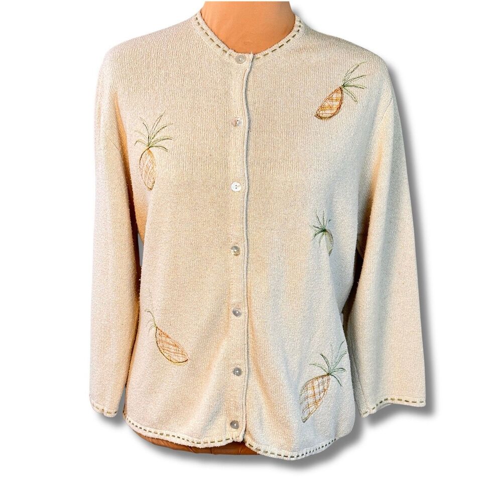 Silk Cotton Blend Cardigan Sweater Womens Large Ivory Pineapple Embroidery